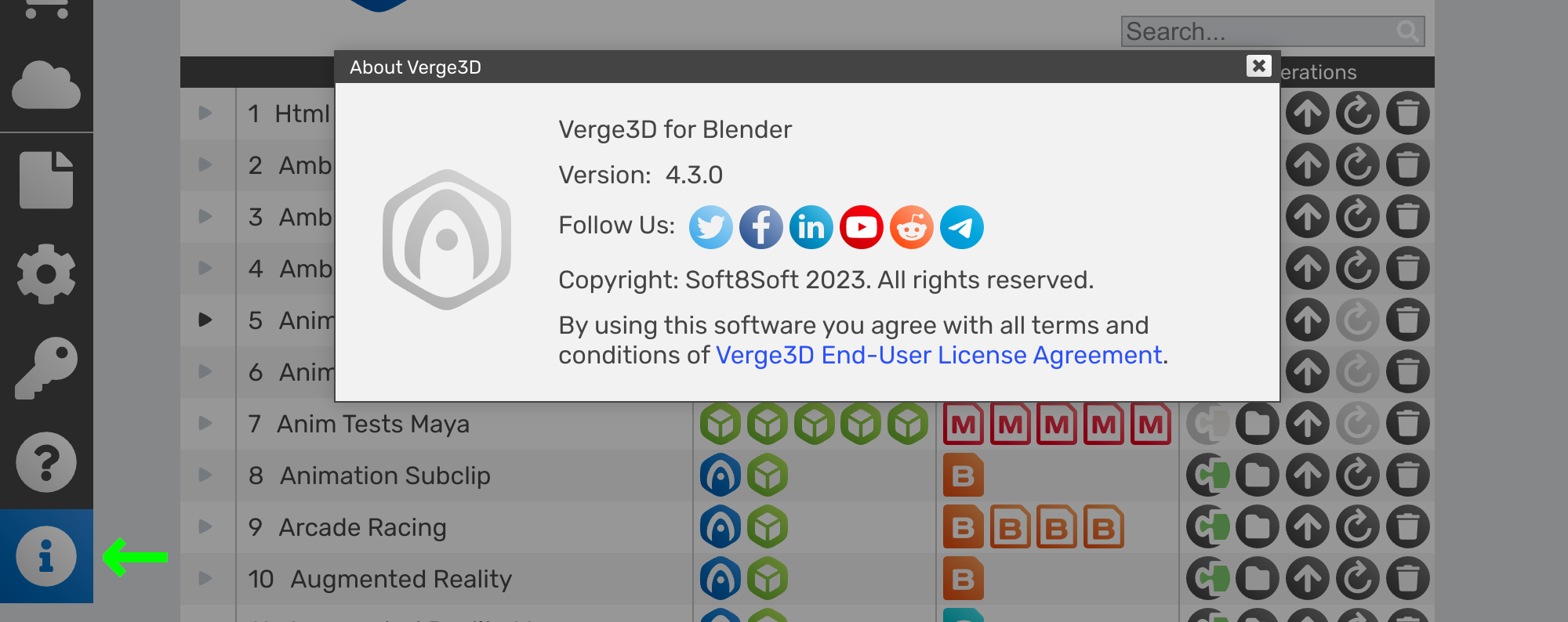 Verge3D social media and version info