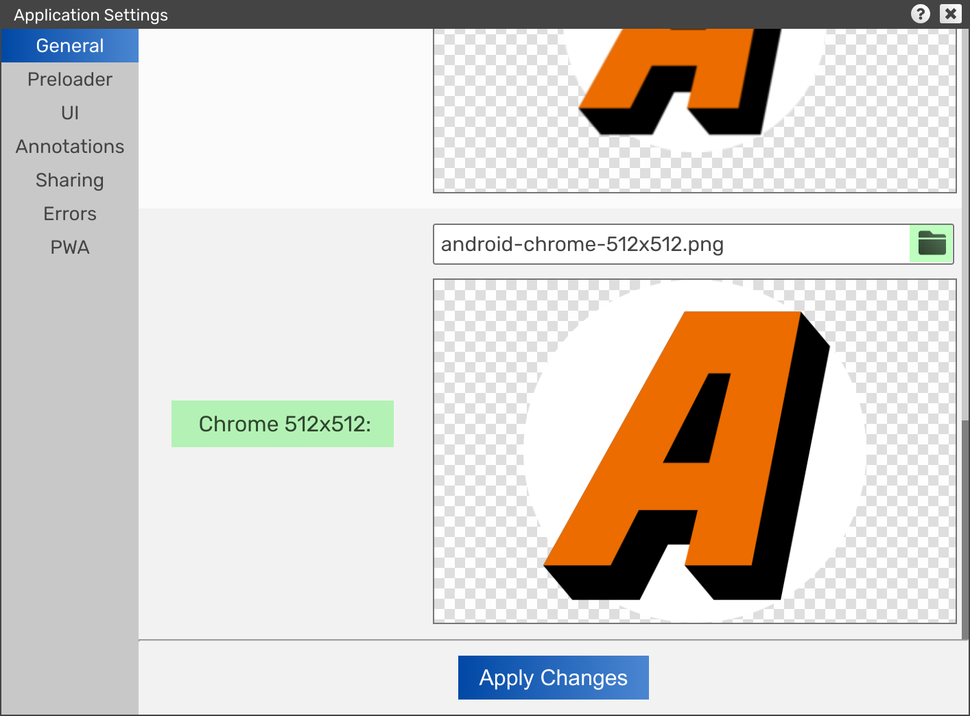 Assigning favicon of size 512 pixels in app settings