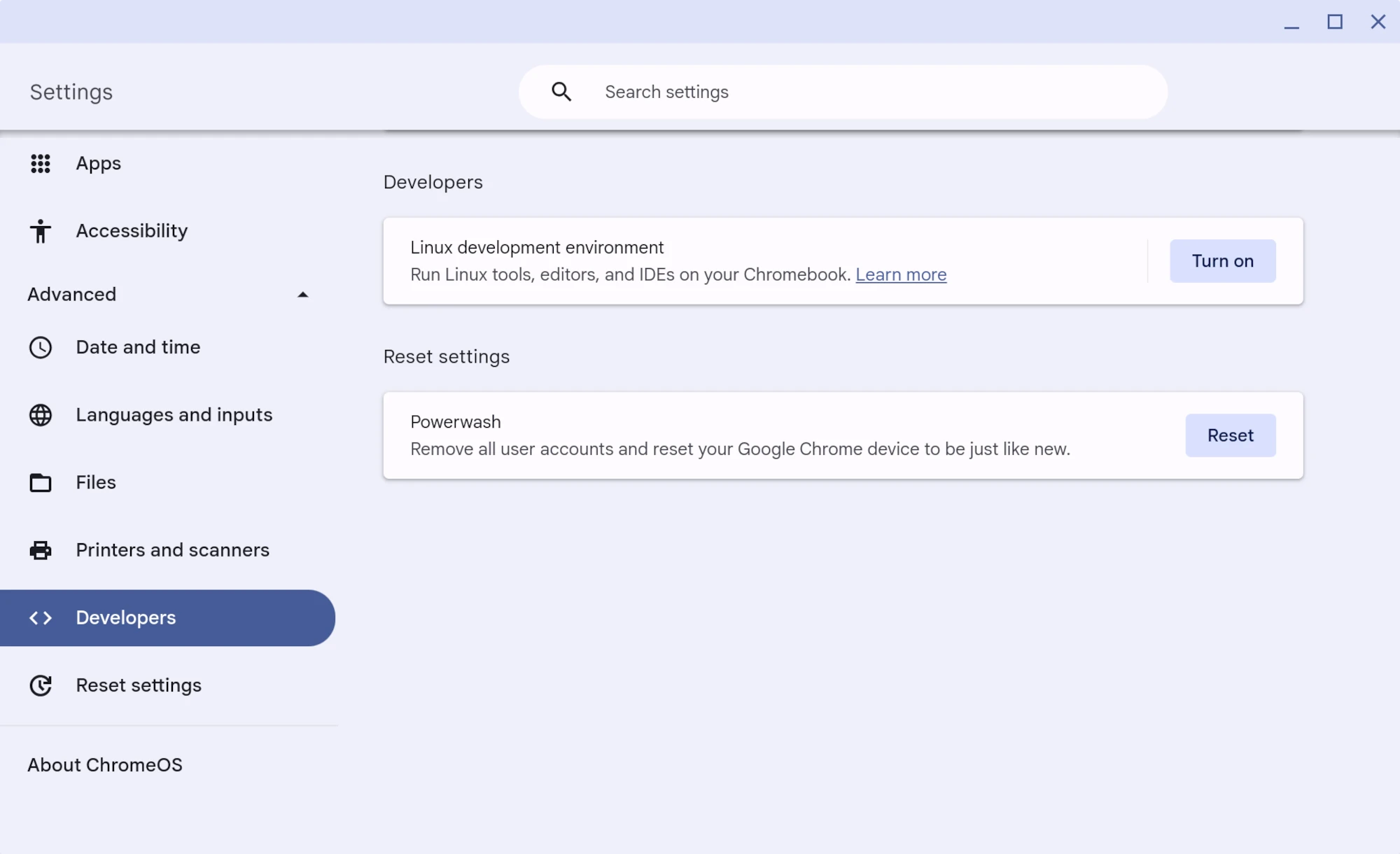 ChromeOS developer settings