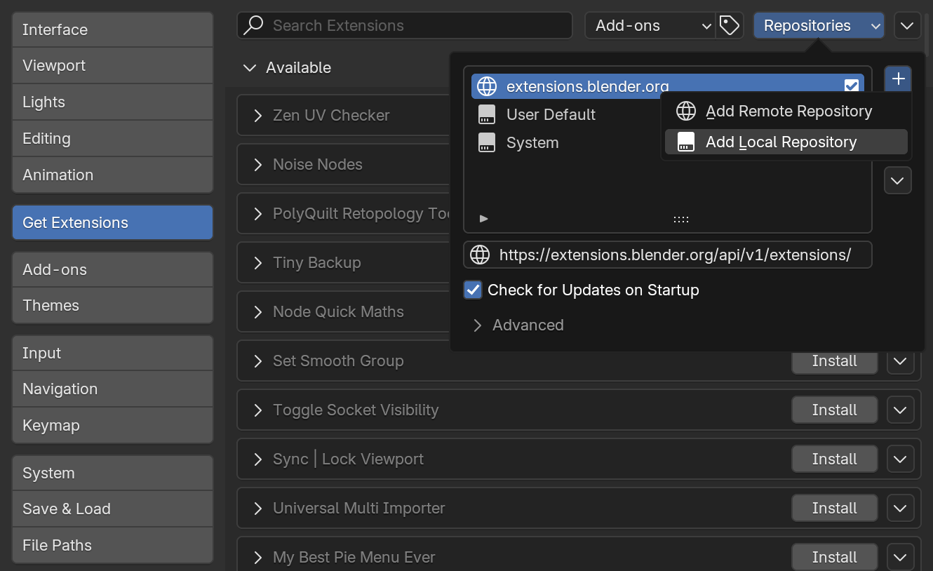 Adding local repo in Blender
