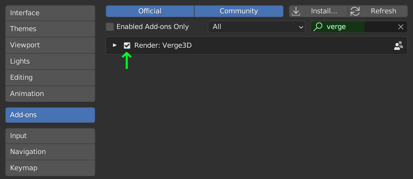 Activating Verge3D addon in Blender