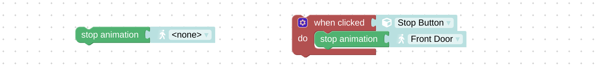 Visual programming block to stop animation