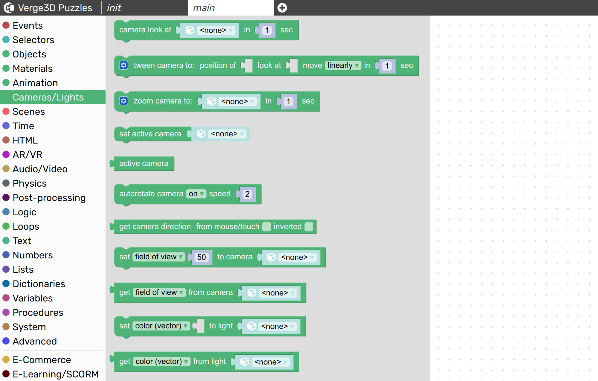 Camera and lights visual programming blocks