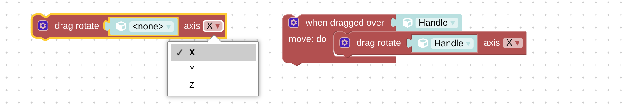 Drag rotate visual coding block