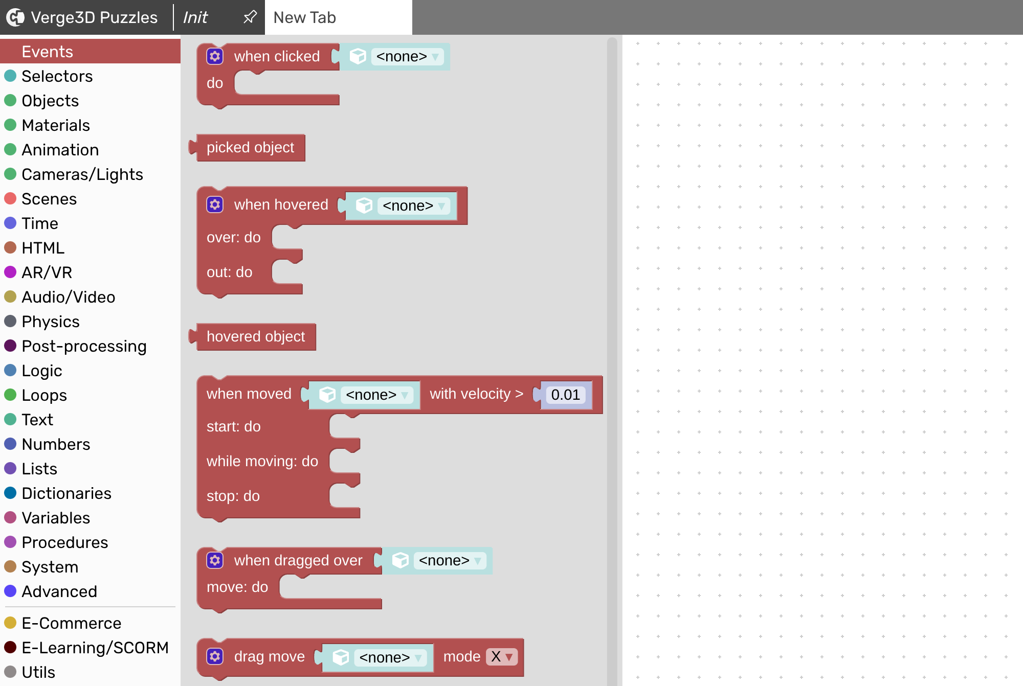 Visual programming blocks for handling user events