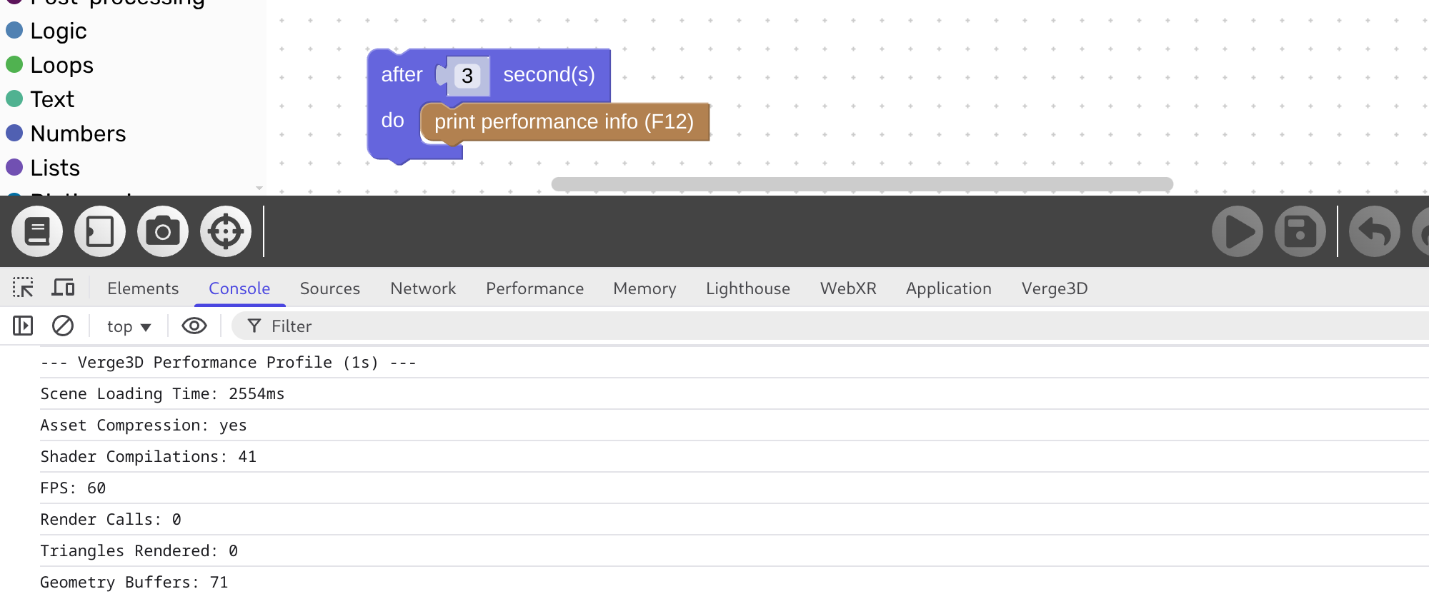 Visual programming block to retrieve performance info