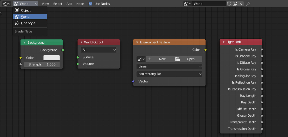 Various world shader nodes used in Verge3D