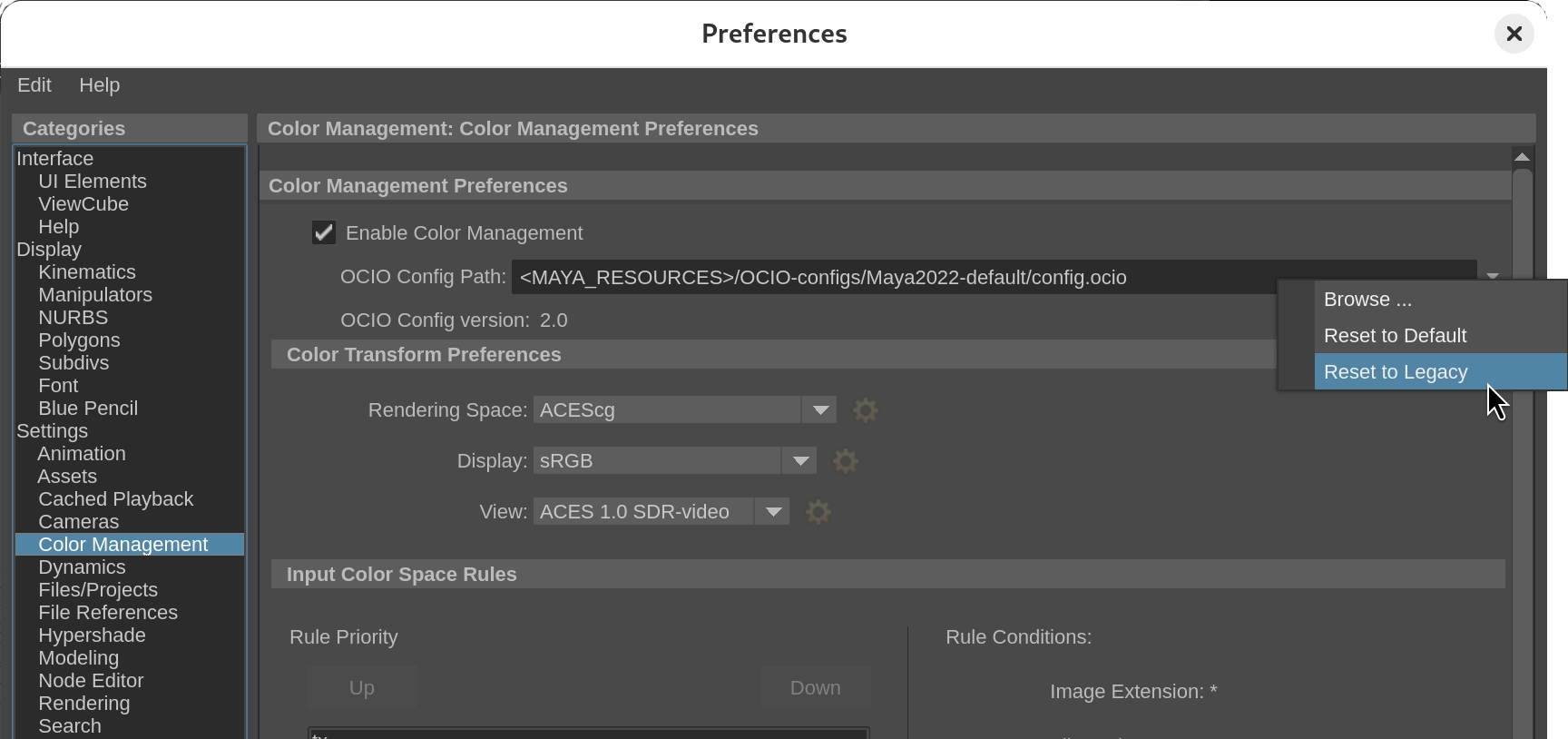 Maya color management preferences