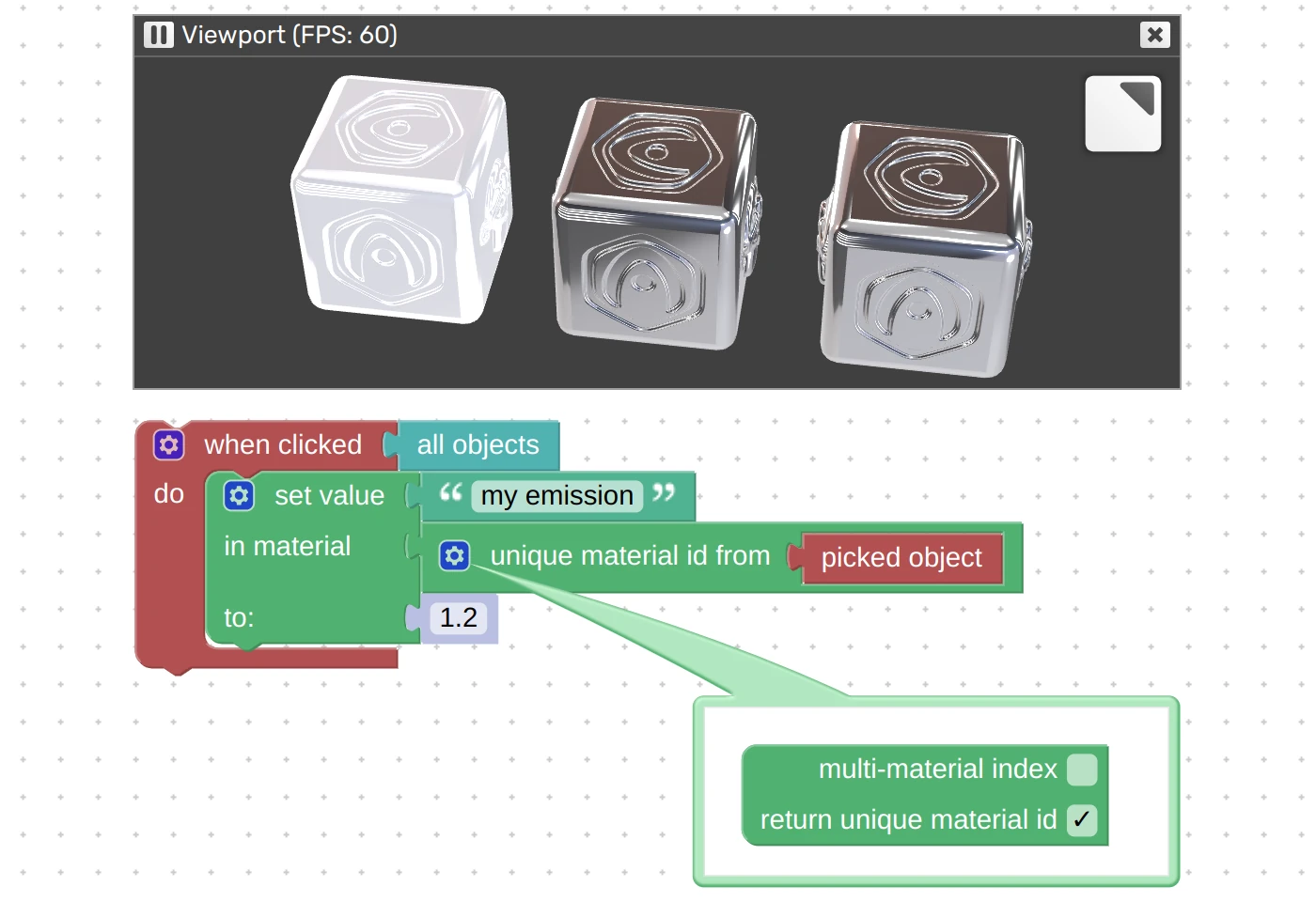 Verge3D for Blender - puzzle example for updating individual object's shared material